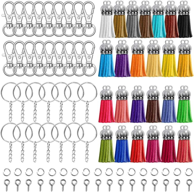 Photo 1 of Keychain Tassles, Cridoz 300pcs Bulk Keychains Ring Set Includes 50pcs Tassels for Crafts, 50pcs Keychain Clips, 50pcs Key Chain Rings, 100pcs Jump Ring and 50pcs Screw Eye Pins for Acrylic Blank Keyc

