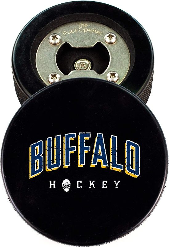 Photo 1 of Buffalo Bottle Opener, Made from a Real Hockey Puck, Cap Catcher Magnet, Drink Coaster, Hockey City Design, The PuckOpener
