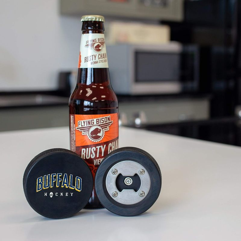 Photo 2 of Buffalo Bottle Opener, Made from a Real Hockey Puck, Cap Catcher Magnet, Drink Coaster, Hockey City Design, The PuckOpener
