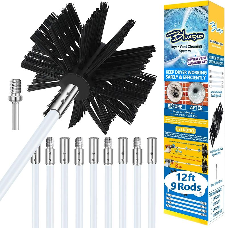 Photo 1 of Bluesea 12 Feet Dryer Vent Cleaner Kit, Flexible Dryer Vent Cleaning Kit with Synthetic Brush Head, Extends Up to 12 Feet for Faster Cleaning, Durable Dryer Vent Cleaner with Drill Attachment
