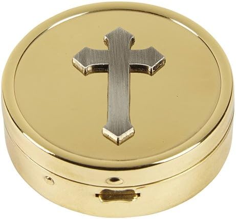 Photo 1 of CB Catholic Cross Embossed Solid Polished Brass PYX with Drawstring Burse
