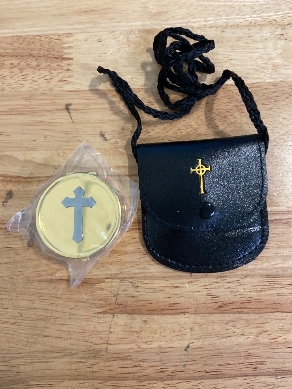 Photo 3 of CB Catholic Cross Embossed Solid Polished Brass PYX with Drawstring Burse
