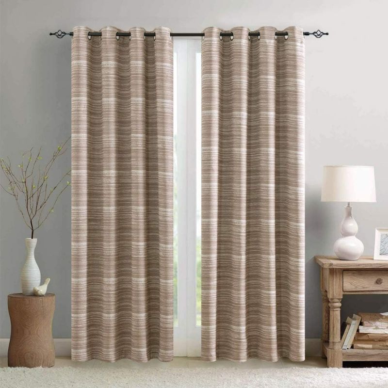 Photo 2 of Vangao Taupe Room Darkening Curtains 63 Inches Long 2 Panels Set for Bedroom Living Room Thermal Grommet Top Abstract Striped Taupe on Beige Blackout Window Drapes
