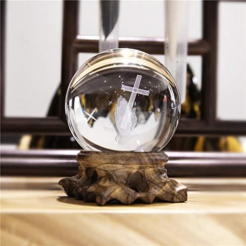 Photo 1 of HDCRYSTALGIFTS 3D Cross Ball Crystal Paperweight Full Sphere Glass Fengshui with Woonden Base(60mm)
