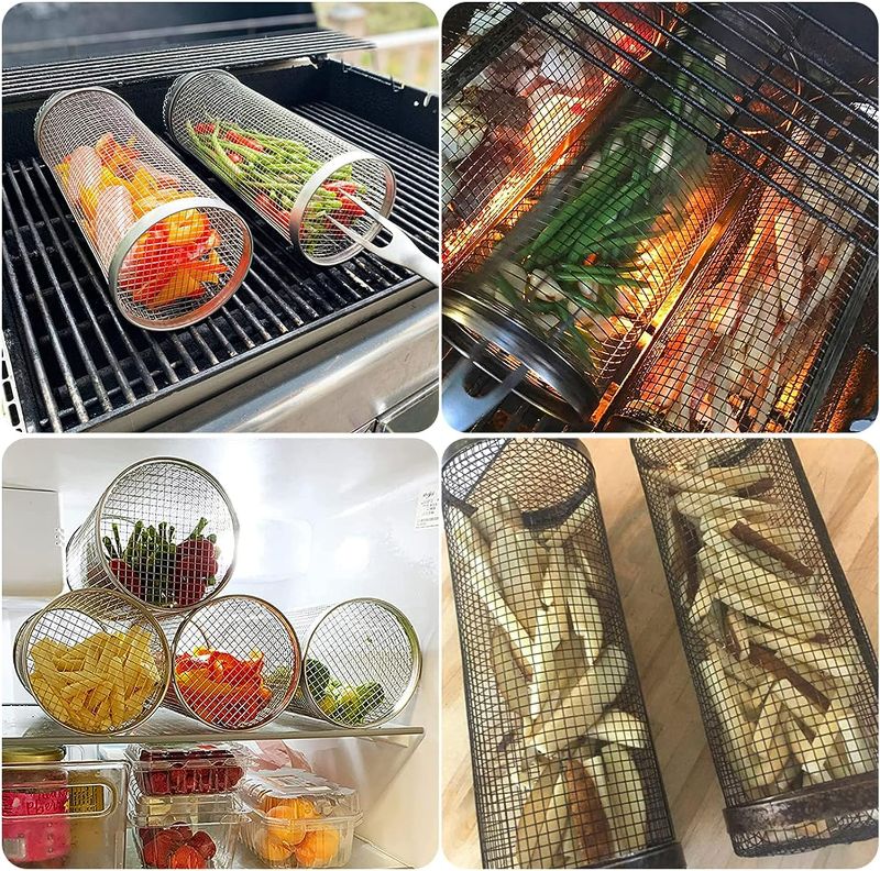 Photo 2 of 2pcs Stainless Steel BBQ Cage Accessories Single Roll Cylindrical BBQ Grill Grill Tool with Detachable mesh Lid Camping Grill with Vegetables French Fries Fish Suitable for camping outdoors?7.8x3.54x3.54)
