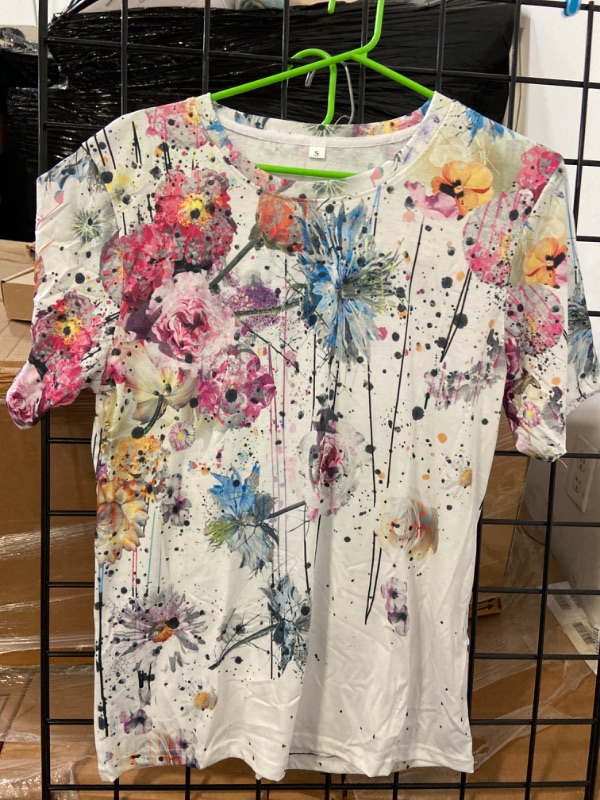 Photo 1 of Women's Flower Printing Crew Neck T Shirt Summer Flowy Short Sleeve Printed Tunic for Women White Size Small 