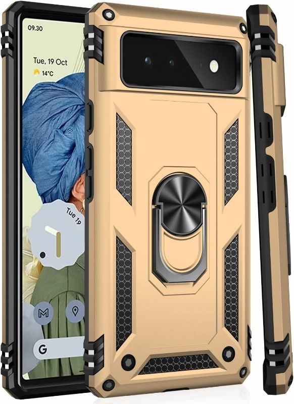 Photo 1 of IKAZZ Suitable for Google Pixel 6 Case,Military Grade Shockproof Heavy Duty Protective Phone Case Pass 16ft Drop Test with Magnetic Kickstand Car Mount Holder for Google Pixel 6 Gold
