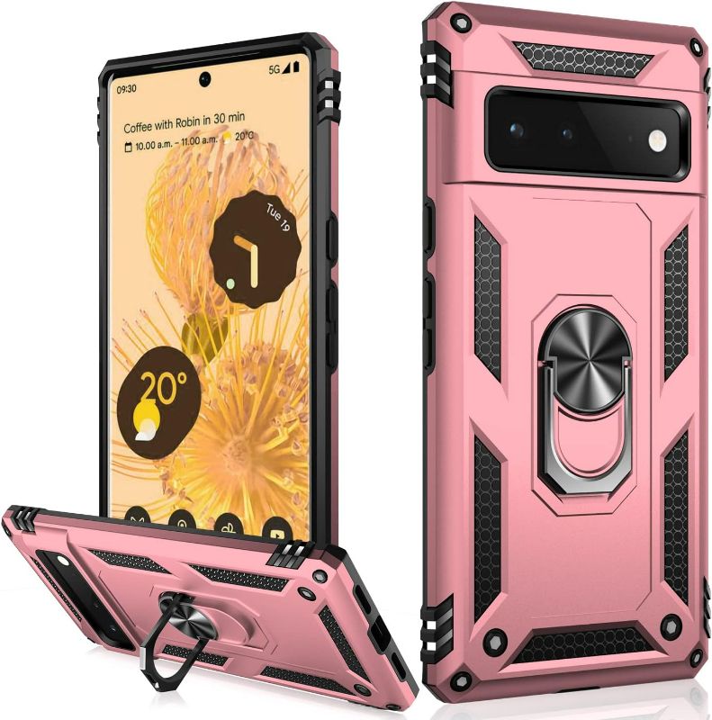 Photo 1 of IKAZZ Suitable for Google Pixel 6 Pro Case,Military Grade Shockproof Heavy Duty Protective Phone Case Pass 16ft Drop Test with Magnetic Kickstand Holder for Google Pixel 6 Pro Rose Gold
