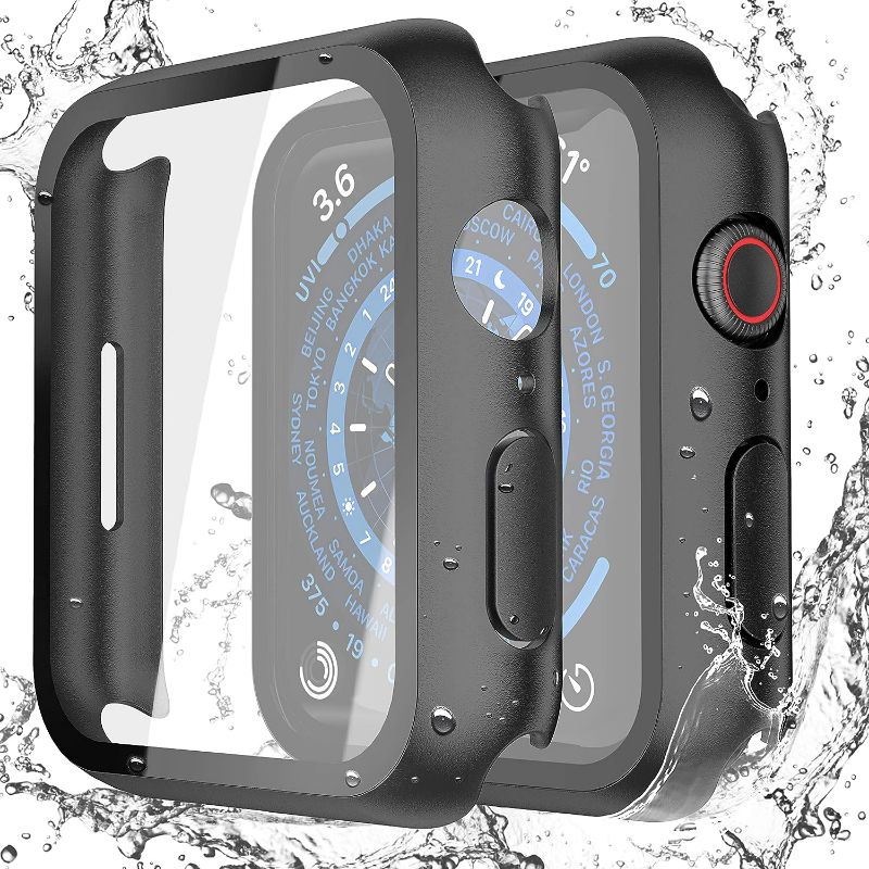 Photo 1 of Misxi [2 Pack] Waterproof Black Hard Case with Tempered Glass Compatible with Apple Watch Series 8 Series 7 45mm, Ultra-Thin Durable Protective Cover for iWatch Screen Protector
