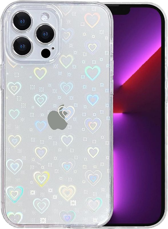 Photo 1 of SmoBea Compatible with iPhone 13 Pro Case (No Fit iPhone 13) Clear Laser Glitter Bling Heart Soft & Flexible TPU and Hard PC Shockproof Case Women Girls Heart Pattern Phone Case (Rainbow Heart/Clear)
