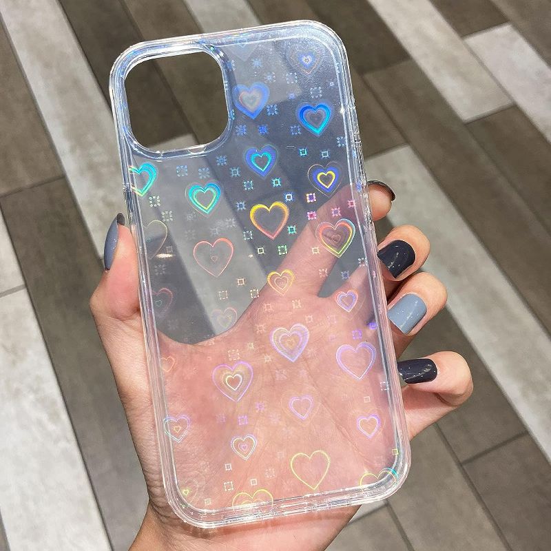 Photo 2 of SmoBea Compatible with iPhone 13 Pro Case (No Fit iPhone 13) Clear Laser Glitter Bling Heart Soft & Flexible TPU and Hard PC Shockproof Case Women Girls Heart Pattern Phone Case (Rainbow Heart/Clear)
