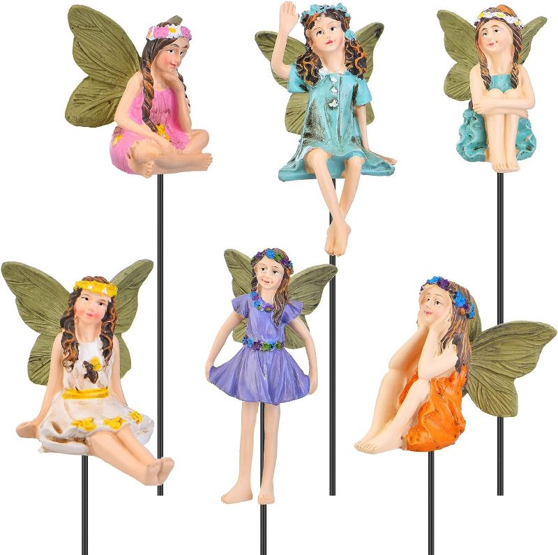 Photo 2 of Blulu 6 Pieces Miniature Fairies Accessories Mini Figurines with Stick Little Girl Sculpture Yard Ornaments Potted Plants Resin Decor for Outdoor Garden Lawn Decoration
