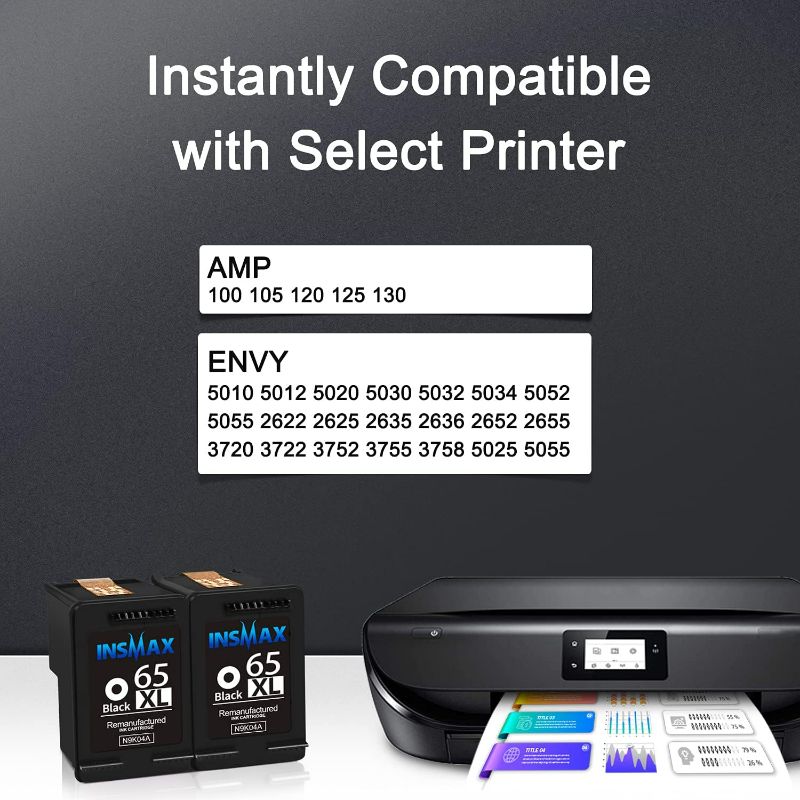 Photo 2 of INSMAX Remanufactured Ink Cartridge Replacement for 65XL 65 XL Compatible with HP Deskjet 3755 3758 3752 3722 3721 3720 HP Envy 5055 5058 5052 Deskjet 2655 2622 Printers (2 Black)
