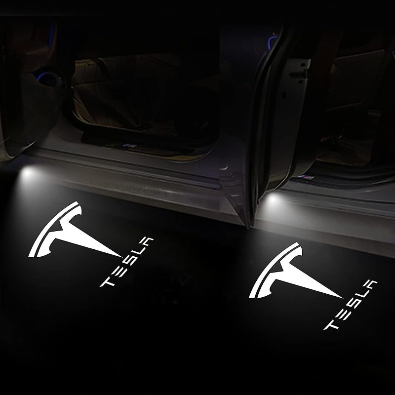 Photo 2 of Carwiner Puddle Lights Compatible with Tesla Model 3/Y/S/X Projector Door Step Light Accessories Interior Lights 2 Pack (T Logo with Letters)
