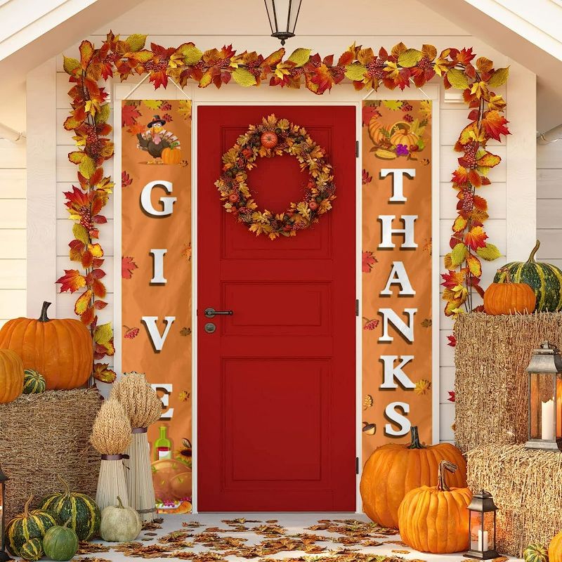 Photo 1 of Thanksgiving Decorations Give Thanks Fall Porch Sign Banner Happy Fall Y'all Front Door Hanging Banner with Turkey Pumpkin for Thanksgiving Day Home Farmhouse Indoor Outdoor Party Supplies.71"x12"
