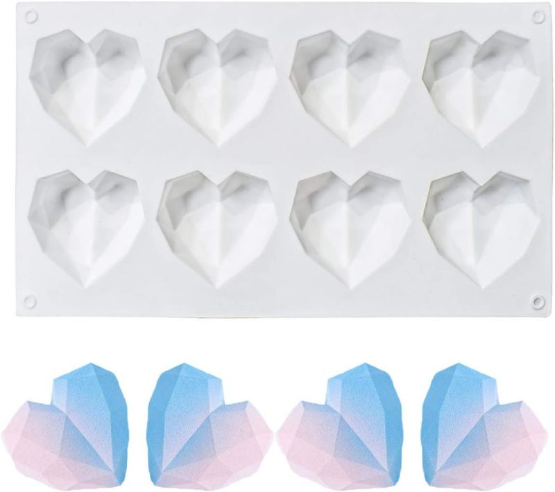 Photo 1 of 8 Grid Diamond Heart Silicone Cake Chocolate Mold Silicone Baking Pan Mold for DIY Cake Mousse Dessert 3D Diamond Love Heart Shaped Mould for Candy Fondant Ice Cream Soap Cupcake Cheesecake Jelly 2 Pack
