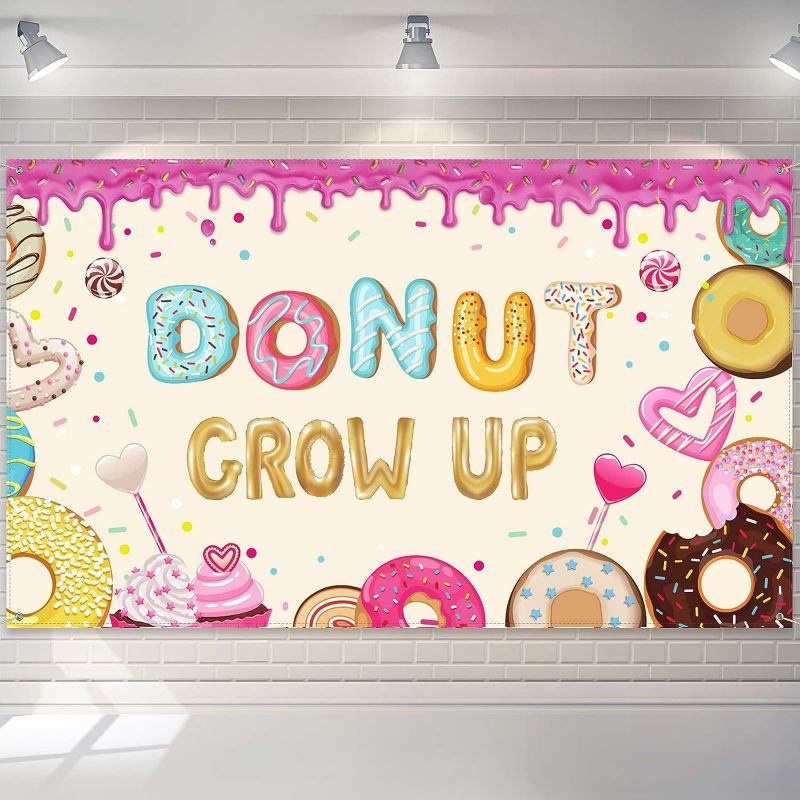Photo 1 of Donut Grow up Birthday Backdrop Sweet Donuts Photography Background Donut Party Decorations for Newborn Kids Girls Birthday Party Baby Shower Party Supplies
