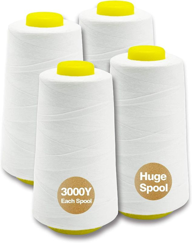 Photo 1 of All-Purpose Thread for Sewing, White Thread, Polyester Sewing Thread, 4 Cones of 3000 Yards Each Spool Thread for Sewing Machine Thread
