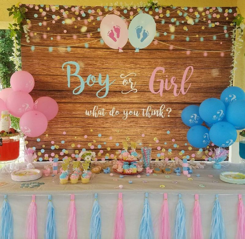 Photo 2 of Mocsicka Boy or Girl Gender Reveal Backdrop Pink or Blue Gender Reveal Party Decorations 82x60 inch Vinyl Wood Floor Gender Reveal Photography Background Banner
