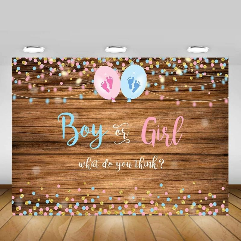 Photo 1 of Mocsicka Boy or Girl Gender Reveal Backdrop Pink or Blue Gender Reveal Party Decorations 82x60 inch Vinyl Wood Floor Gender Reveal Photography Background Banner
