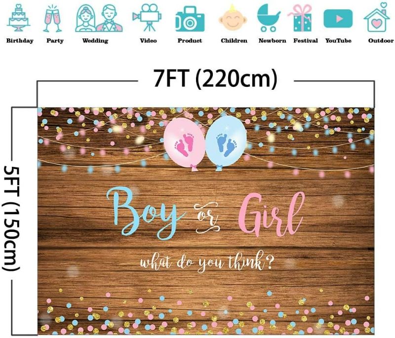 Photo 3 of Mocsicka Boy or Girl Gender Reveal Backdrop Pink or Blue Gender Reveal Party Decorations 82x60 inch Vinyl Wood Floor Gender Reveal Photography Background Banner
