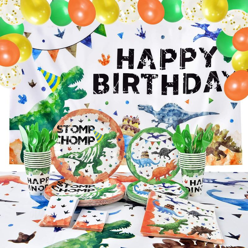 Photo 1 of Watercolor Dinosaur Birthday Party Decoration - Dinosaur Party Supplies Tableware Set for Boys Happy Birthday Backdrop Balloons Plates Cups Napkins Tablecloth Cutlery Bags Serves 16 Guests 152 PCS
