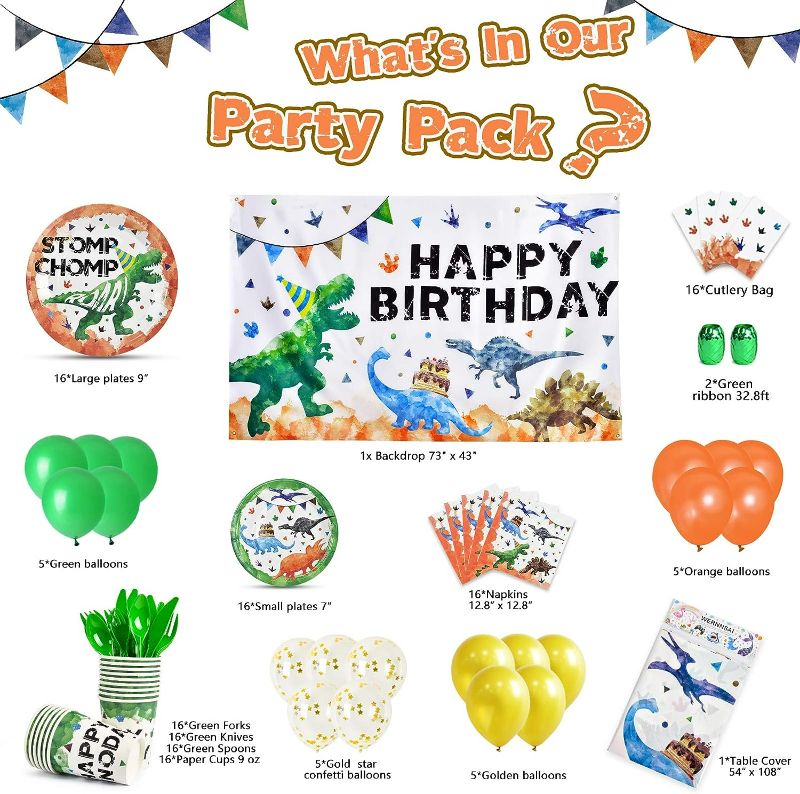 Photo 2 of Watercolor Dinosaur Birthday Party Decoration - Dinosaur Party Supplies Tableware Set for Boys Happy Birthday Backdrop Balloons Plates Cups Napkins Tablecloth Cutlery Bags Serves 16 Guests 152 PCS
