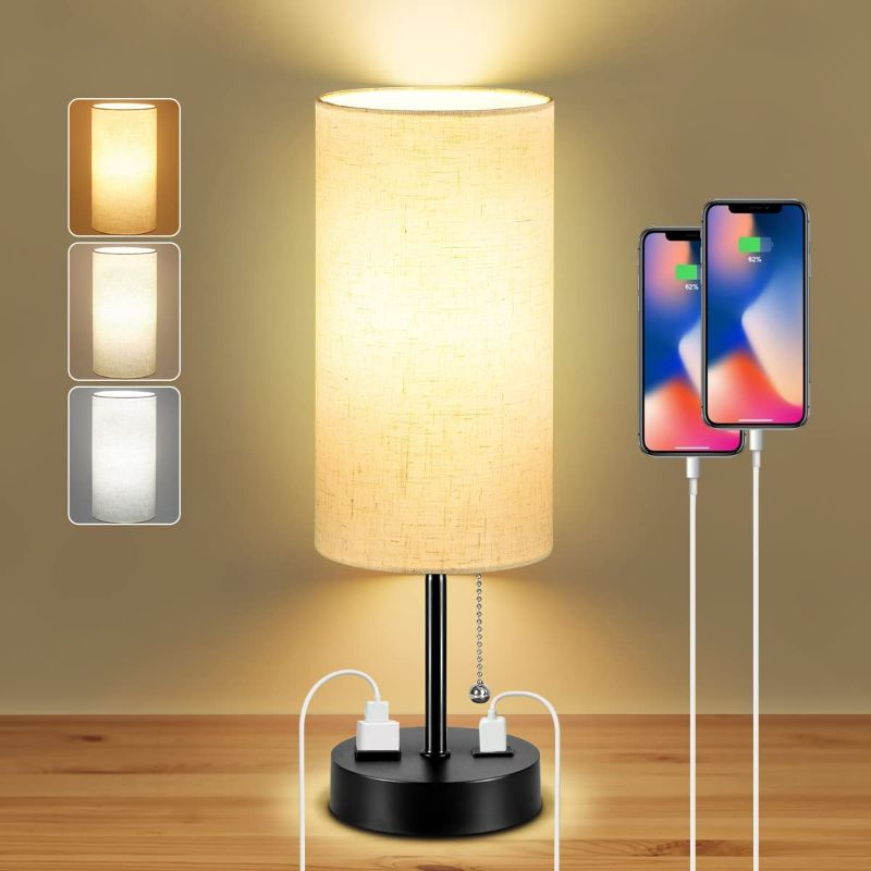 Photo 1 of Dott Arts Table Lamp for Bedroom, 3-Color Bedside Lamps with Pull Chain, Bedroom Table Lamps with USB Port & AC Outlet, Nightstand Lamps for Living Room, Bulb Included, Fabric Linen Lamp Shade
