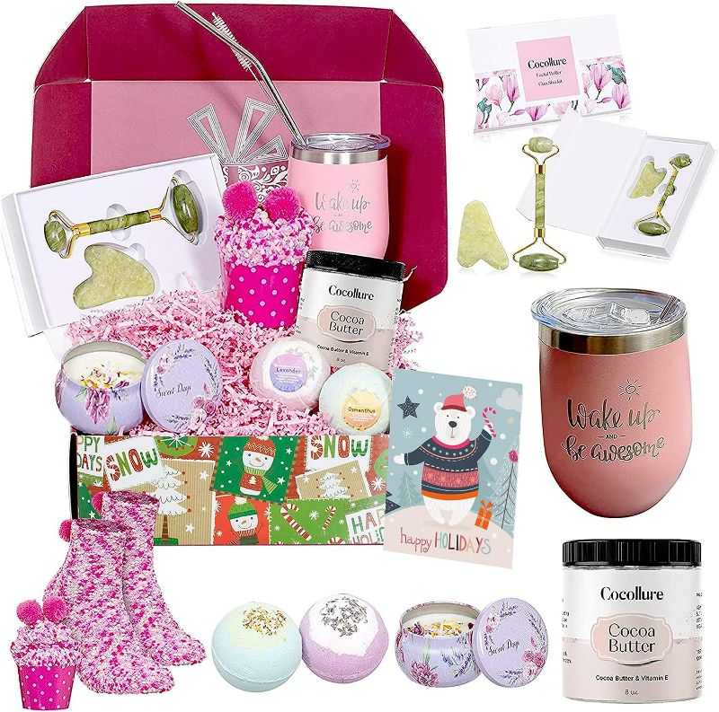 Photo 1 of Christmas Gifts for Women, Birthday Gifts Basket for Friends Gifts for Her Girlfriend Sister Mom Unique Holiday Gifts Box Jade Roller Bath Bombs Candle Tumbler Cocoa Butter Cozy Socks
