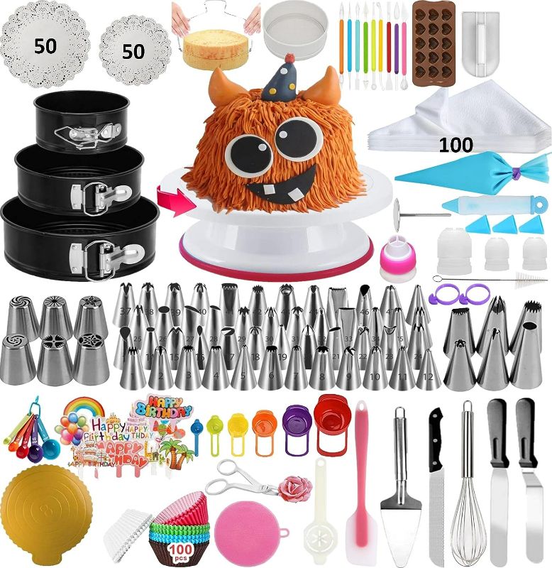 Photo 1 of Cake Decorating Supplies Kit with Baking Supplies, Springform Cake Pans Set, Cake Turntable stand, 48 Piping Icing Tips & Bags, 6 Russian Nozzles,Icing Spatulas,Fondant Tools,Measuring Tools
