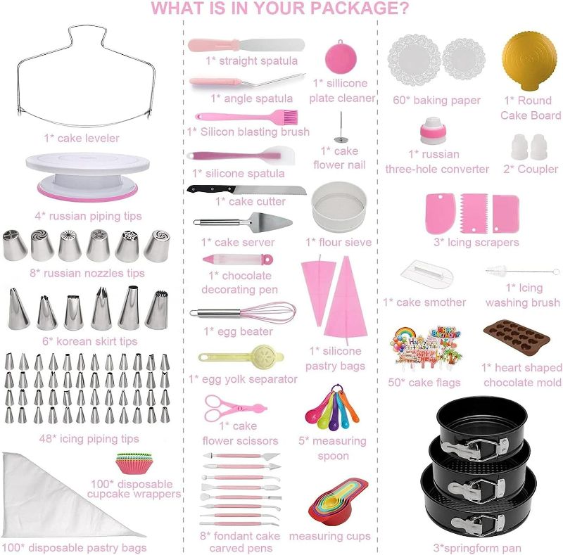 Photo 2 of Cake Decorating Supplies Kit with Baking Supplies, Springform Cake Pans Set, Cake Turntable stand, 48 Piping Icing Tips & Bags, 6 Russian Nozzles,Icing Spatulas,Fondant Tools,Measuring Tools

