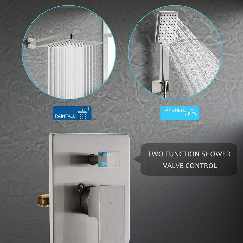 Photo 2 of SOKA 10 Inches Rain Shower System Shower Faucets Sets Rain Shower Head And High Pressure Handheld Shower Head Square Shower Combo Set Shower Trim Kit with Valve Pressure Balance Brushed Nickel
