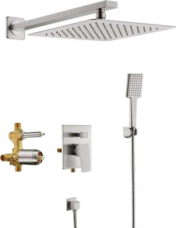 Photo 1 of SOKA 10 Inches Rain Shower System Shower Faucets Sets Rain Shower Head And High Pressure Handheld Shower Head Square Shower Combo Set Shower Trim Kit with Valve Pressure Balance Brushed Nickel
