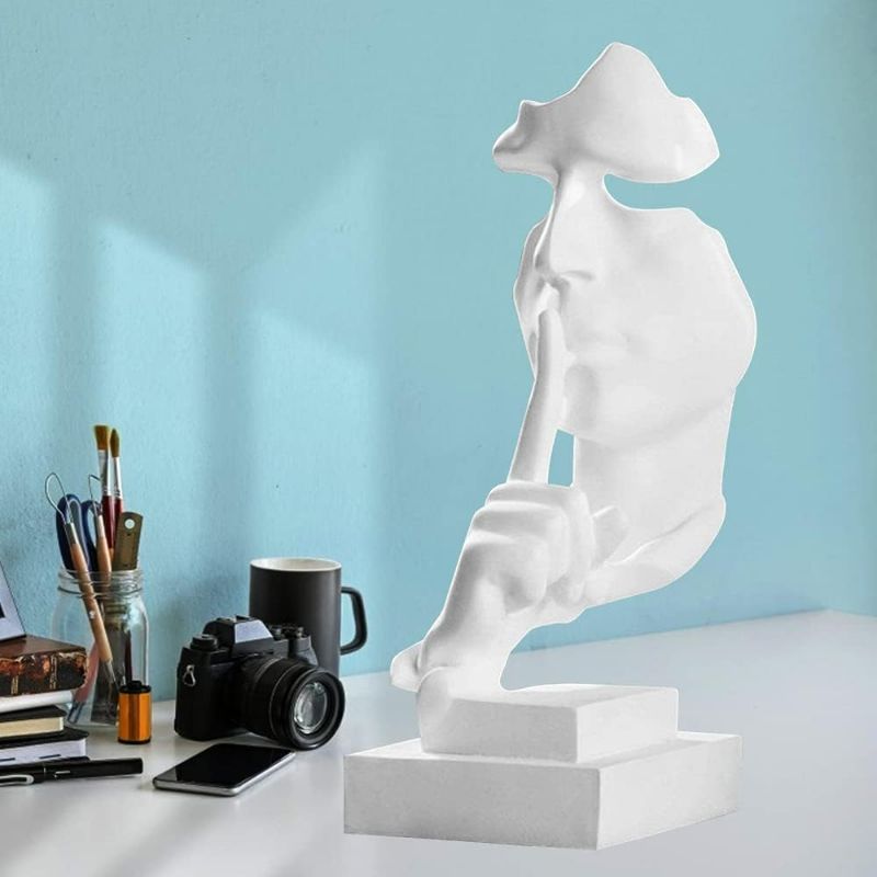 Photo 2 of LACGO 12.2" Silence is Gold Thinker Statue Simple Resin Things Creative Abstract Figurine Sculptures for Entrance,White Creative Satues for Room Home, Study, Piano, Modern Office Decor(White)
