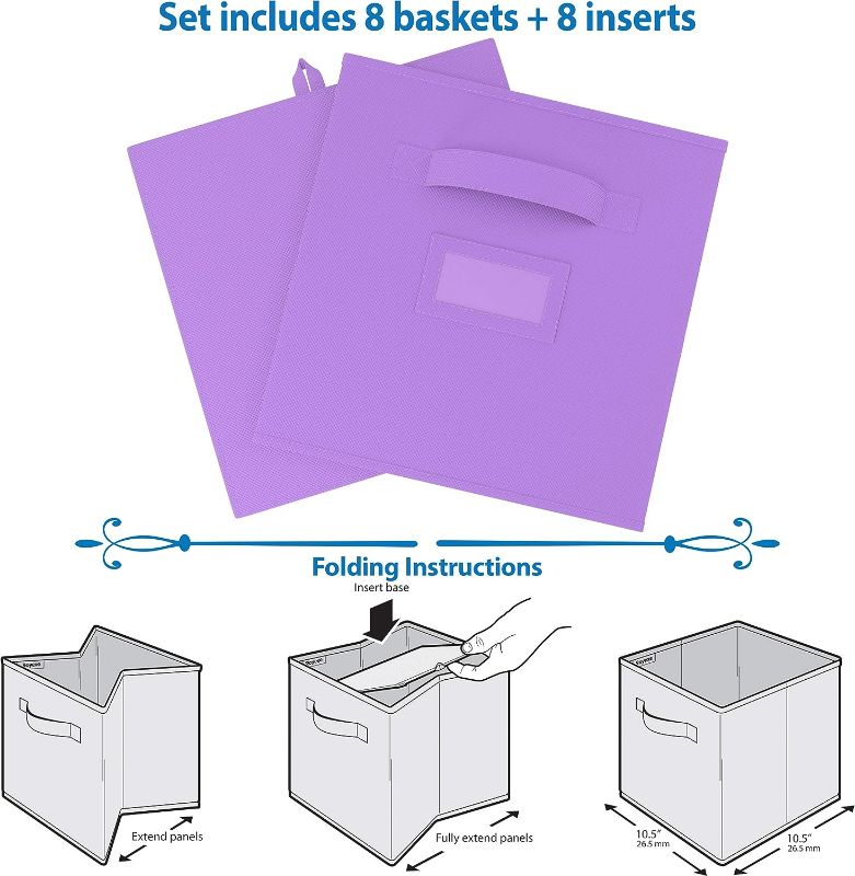 Photo 2 of 11 Inch Storage Cubes (Set of 8) Storage Baskets Features Dual Handles & 10 Label Window Cards Cube Storage Bins | Foldable Fabric Closet Shelf Organizer | Drawer Organizers and Storage (Purple)
