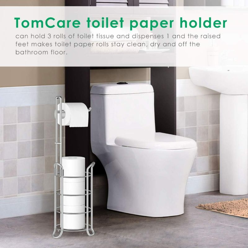 Photo 2 of TomCare Toilet Paper Holder Toilet Paper Stand Free-Standing Toilet Tissue Paper Roll Bathroom Storage Shelf and Dispenser for 3 Spare Rolls Metal Wire Bathroom Accessories Storage Organizer
