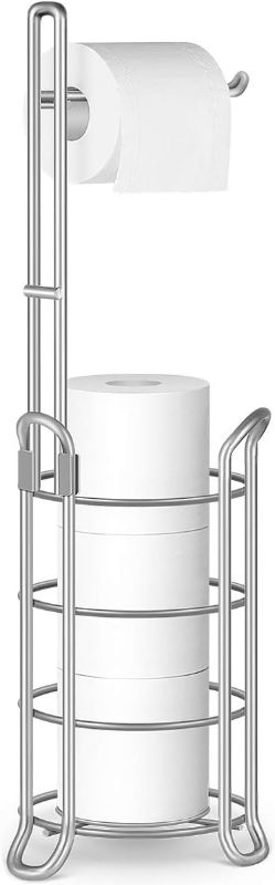 Photo 1 of TomCare Toilet Paper Holder Toilet Paper Stand Free-Standing Toilet Tissue Paper Roll Bathroom Storage Shelf and Dispenser for 3 Spare Rolls Metal Wire Bathroom Accessories Storage Organizer
