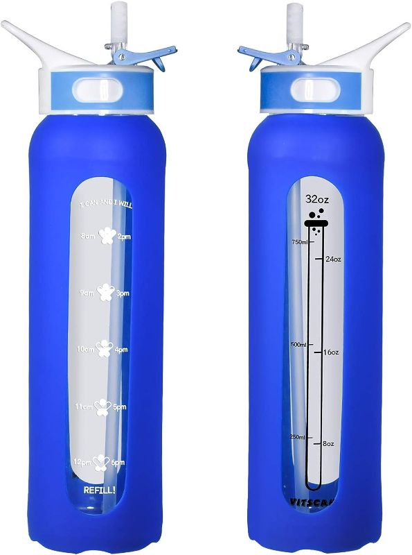 Photo 1 of Glass Water Bottle with 32 OZ Straw & Wide Mouth & Black Silicone Sleeve, Large 1L Glass Water Bottle with Time Marker, 100% Leakproof Straw Lid BPA Free Borosilicate Glass
