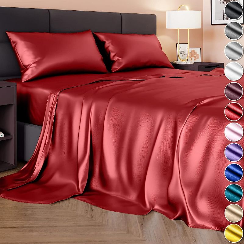 Photo 1 of DECOLURE Satin Sheets Queen Size (4 Pieces, 8 Colors), Silky Satin Sheet Set -Satin Bed Set with 2 Pillowcase, Satin Fitted Sheet - Red Satin Sheets, Queen Size Satin Sheets, Satin Bed Sheets Queen
