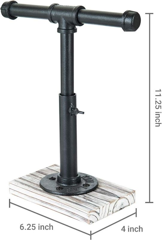 Photo 1 of MyGift Industrial Pipe Black Metal T-Bar Adjustable Height Jewelry, Bracelet & Necklace Display Stand with Torched Wood Base

