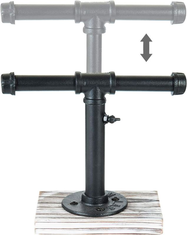 Photo 1 of MyGift Industrial Pipe Black Metal T-Bar Adjustable Height Jewelry, Bracelet & Necklace Display Stand with Torched Wood Base

