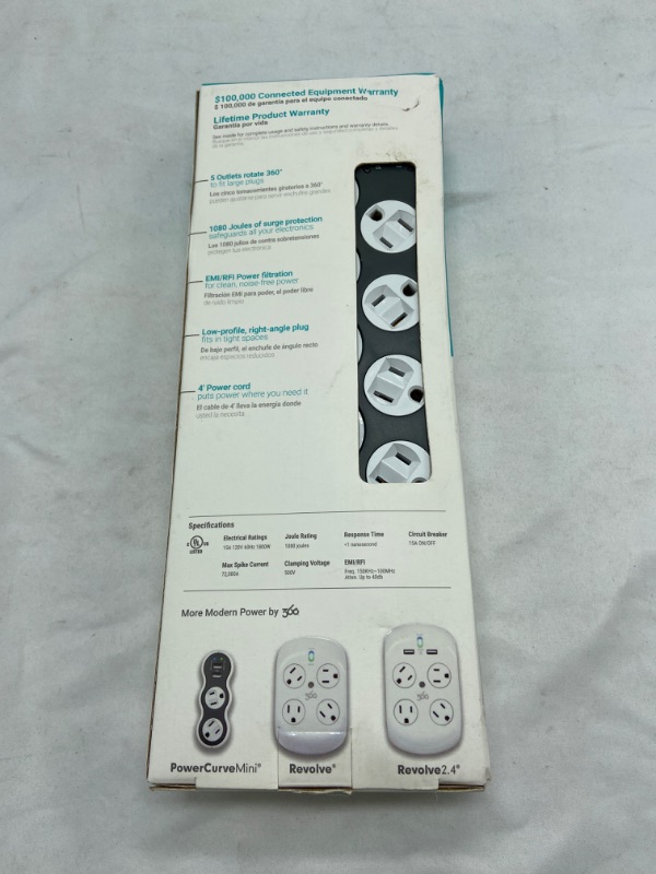 Photo 2 of 360 Electrical 36051 Power Curve 6 Outlet Surge Protector,White and Gray