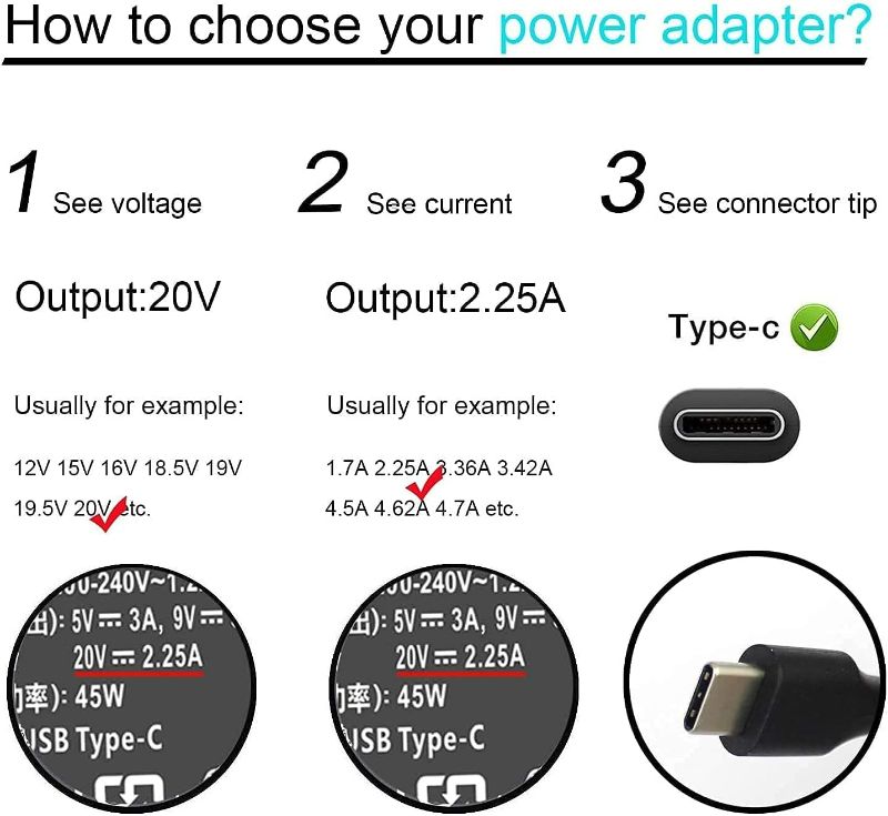 Photo 3 of 45W Type C USB C Laptop Charger Compatible with HP Chromebook 14 13 14A 11 11A G6 G7 G8 EE Spectre x360 G5 Elite x2 14-ca051wm 14-ca020nr 14-ca060nr 14-ca043cl 14-ca052wm 918337-001 Power Supply
