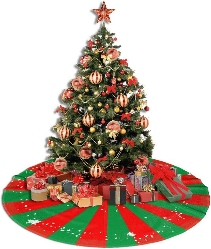 Photo 3 of MSGUIDE Red and Green Striped Wheel Christmas Tree Skirt 48" Tree Skirt for Holiday Christmas Decorations Xmas Tree Mat
