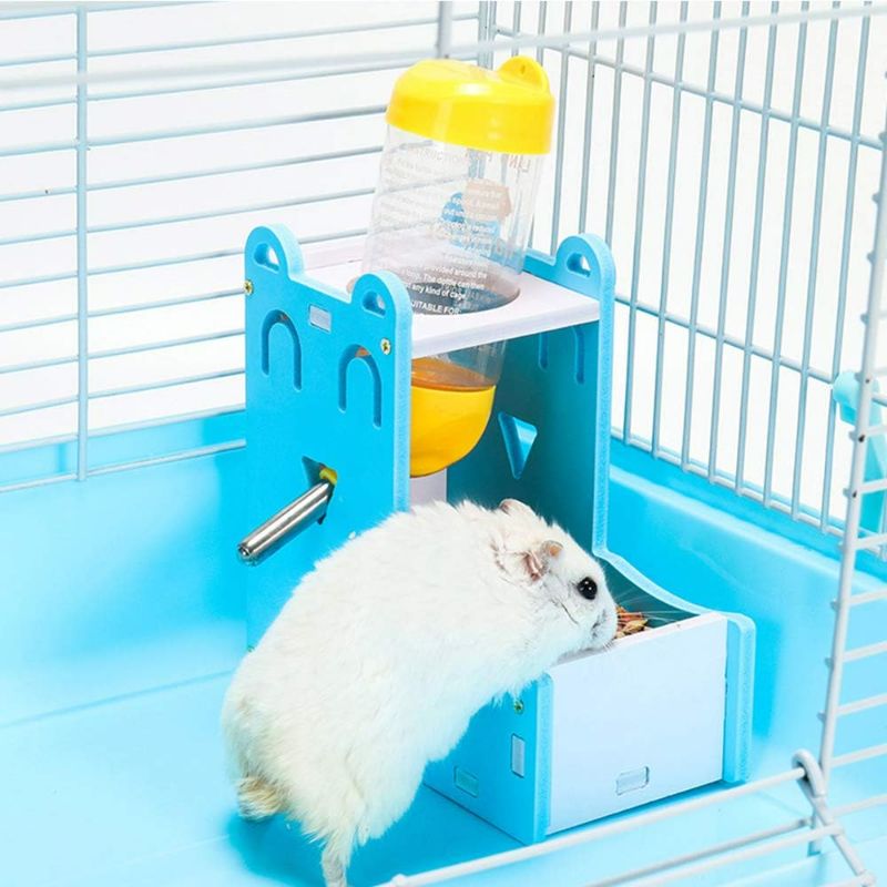 Photo 1 of Zhang Ku 2 in 1 Small Pet Water Dispenser, with Food Container Base and 80ml Water Bottle for Bird Guinea Pig Hamster Hedgehog Chinchilla Ferret (Blue)
