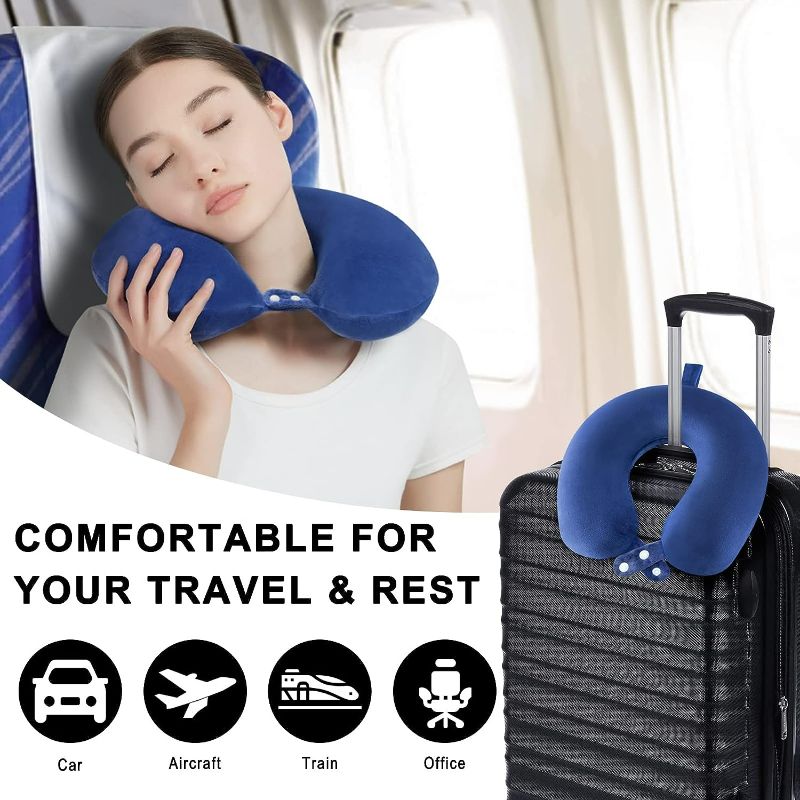 Photo 1 of Travel Pillow, Best Memory Foam Airplane Pillow for Head Support, Soft Travel Neck Pillow for Plane, Car & Home Recliner Use (Blue)