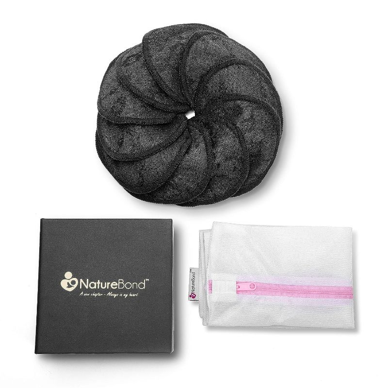 Photo 1 of NatureBond Laced Washable Nursing Pads Gift Box (10 pcs) Black Bamboo Breast Pads for Breastfeeding, w/Wash Bag
