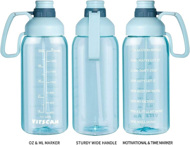 Photo 1 of 2 Liter Large Mouth Easy Clean BPA Free 64 OZ Water Bottle, Handle with 2 Caps Ensure Leakproof, Shatterproof Gym Sport Water Jug Motivational Time Marker Ounce Marking To Make Drink Water Fun
