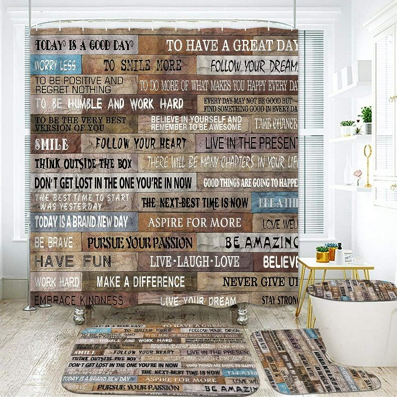 Photo 2 of TAMOC 4 Pcs Inspirational Quotes Shower Curtain Set with Non-Slip Rug, Toilet Lid Cover and Bath Mat, Vintage Rustic Shower Curtain with 12 Hooks, Waterproof Wooden Poster Bathroom Curtain, Brown
