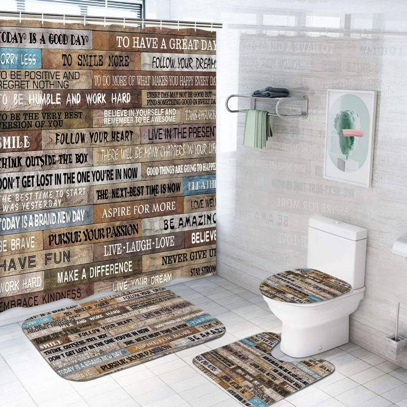 Photo 1 of TAMOC 4 Pcs Inspirational Quotes Shower Curtain Set with Non-Slip Rug, Toilet Lid Cover and Bath Mat, Vintage Rustic Shower Curtain with 12 Hooks, Waterproof Wooden Poster Bathroom Curtain, Brown
